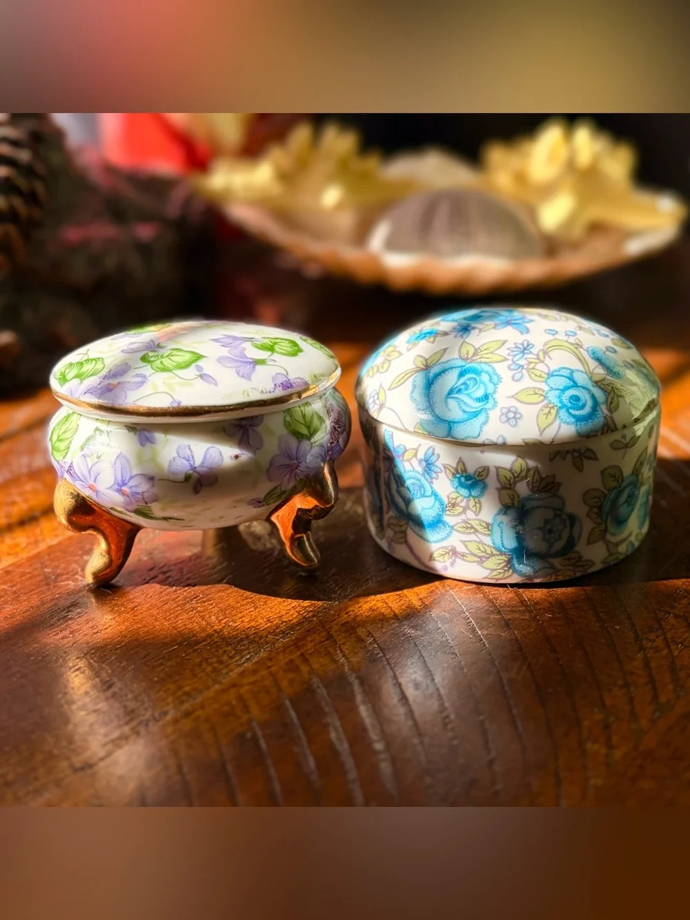 Charming Floral Porcelain Trinket Box Set of 2 Keepsake Vintage Accents